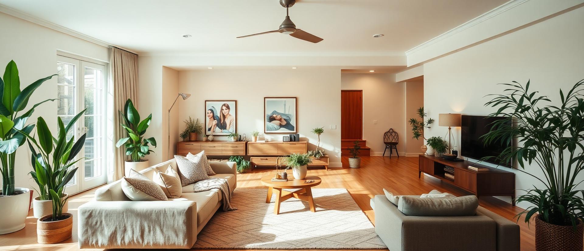 Sala de estar decorada com sofá, rack de madeira e plantas